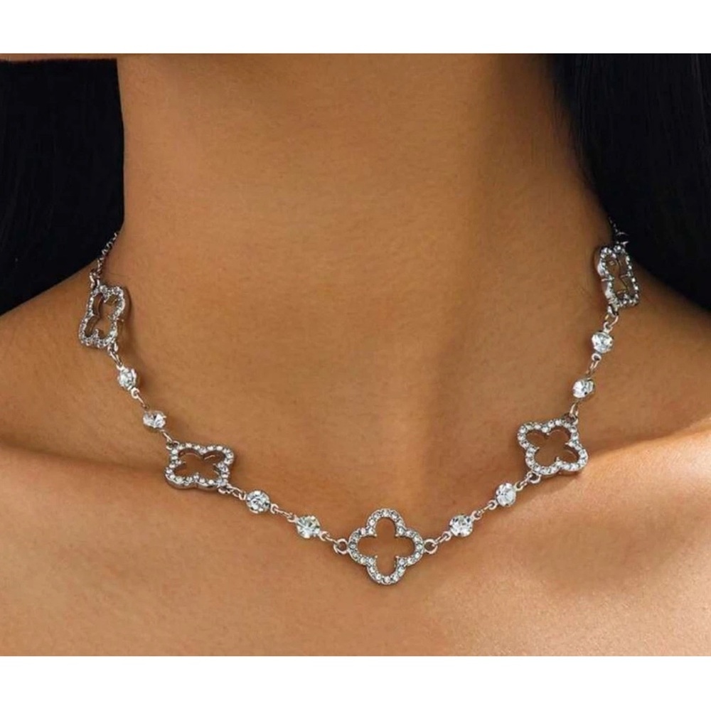 Macy's Silver Crystal Clover-Link Necklace